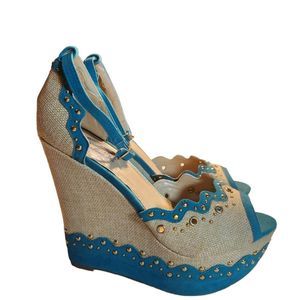 Halina shoes Cork platform Wedge turquoise gold 7.5